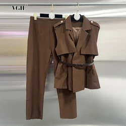 VGH Formal Women Two Piece Set Notched Collar Sleeveless Waistcoat High Waist Full Length Pencil Pants Casual Suit Female Autumn