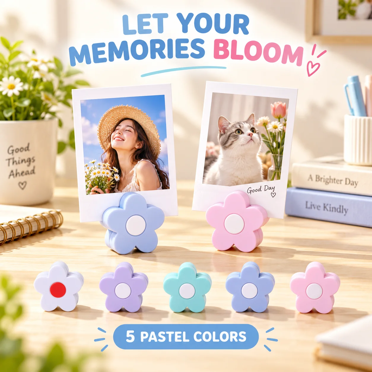 Pastel Flower Photo Holder Stand Desktop Memo Clip for 3-Inch 4-Inch Instant Photos Postcards Notes Business Cards Desk Decor