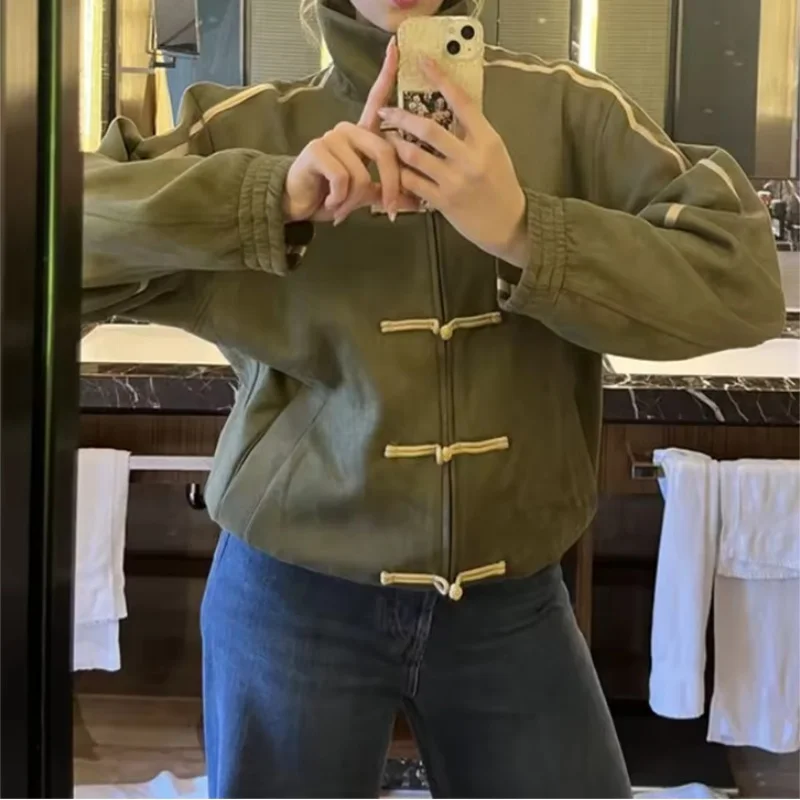 Damen-Jacken im chinesischen Stil, Retro-Ästhetik, Stehkragen, Knöpfe, bequem, lässig, langärmelig, Sweatshirts, Bomberjacken