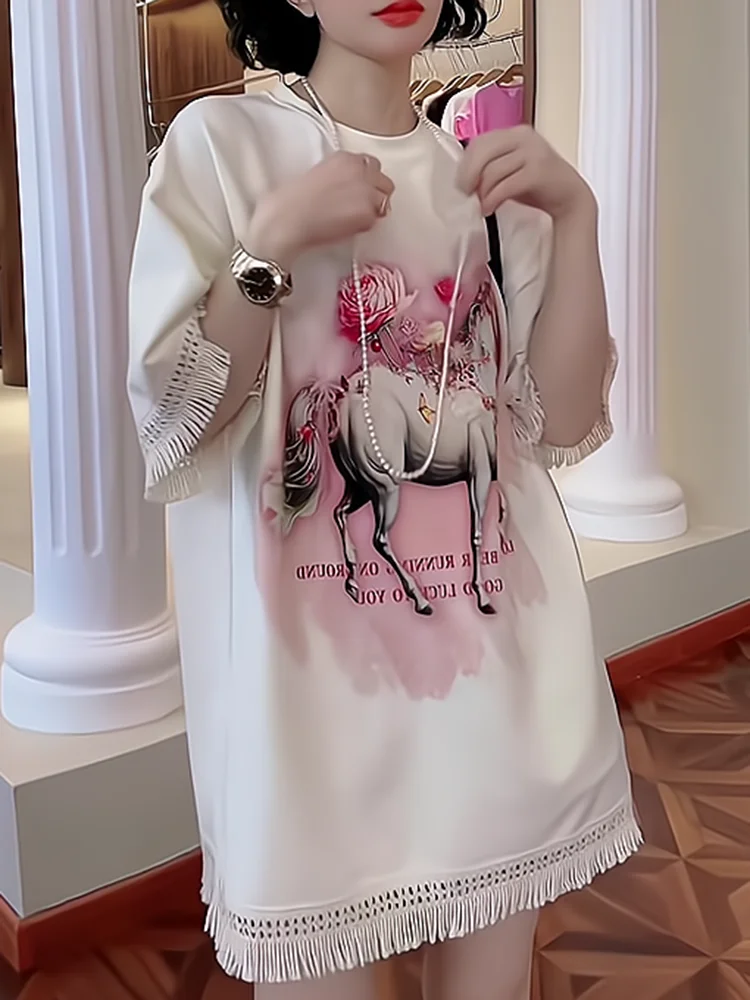 

Летняя женская футболка средней длины с коротким рукавом, модная, повседневная, в стиле кэжуал, с круглым вырезом, трендовая, с эффектом омоложения