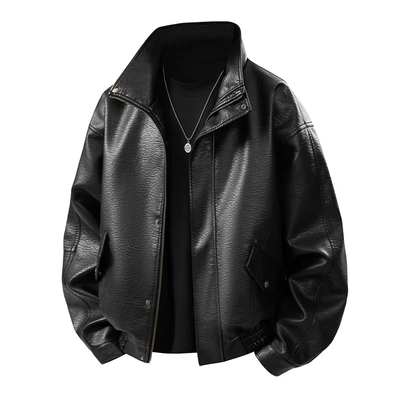 

2025 Autumn Winter Loose PU Jackets Men Motorcycles Stand Collar Leather Jacket Male Solid Moto Biker Faux Leather Outwear Coat