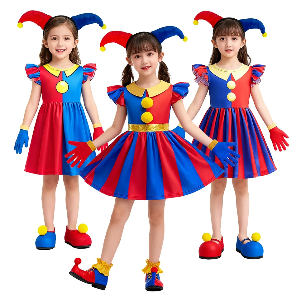 Pomni Halloween Costume for Kids The Amazing Digital Circus Character Derss Gloves and Plushie Toy Bundle for Cosplay Party