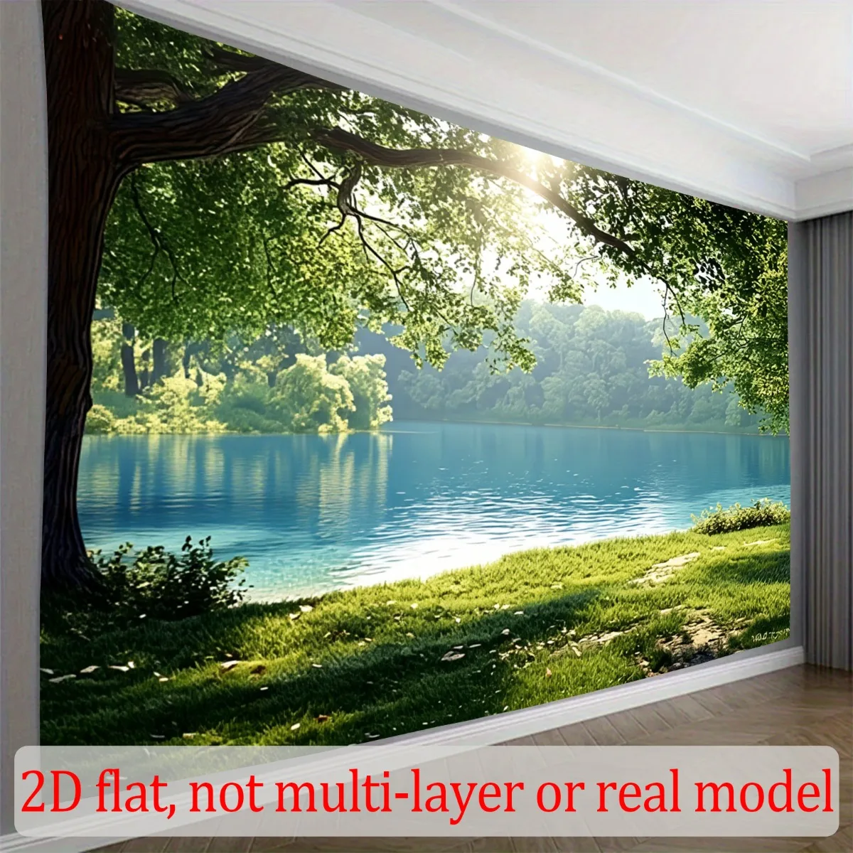 Serene Lake View Through Large Tree Window Tapestry 2D Flat Printing Wall Hanging Backdrop for Bedroom Living Room Decor Nature