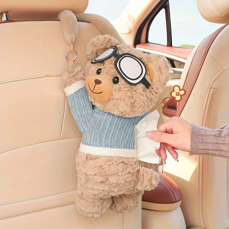 

1 Cute Bear car seat back tissue holder - soft plush cartoon design with blue overalls and goggles,