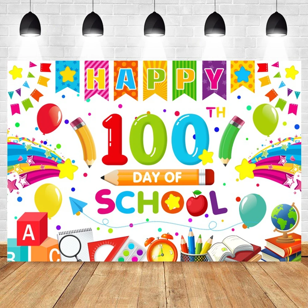 Happy 100th Day of Preschool Backdrop Pencil Balloon Kindergarten Start of School Classroom Party Kids Photography Background