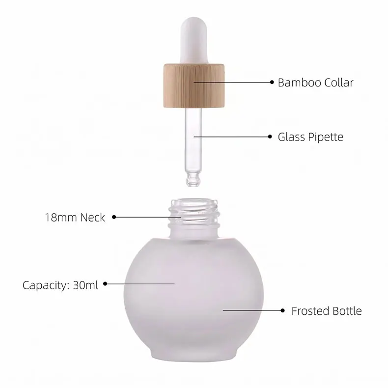 Tropfflasche aus Glas, mattiert, mit Bambusdeckel, für Ätherische Öle, Massageöle, Haar- und Körperöle, Serum, Aromatherapie-Flüssigkeiten, geeignet für Pipetten. – Detail 6