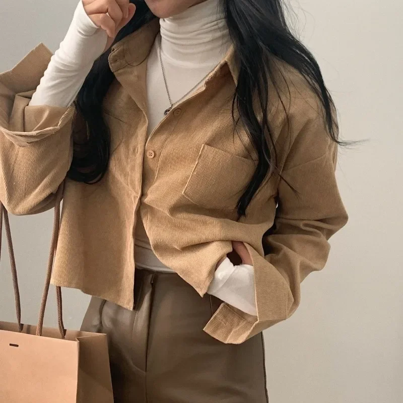 QWEEK Vintage Short Corduroy Shirts Casual Oversized Outerwears Woman Long Sleeve Blouses Korean Style Autumn Clothing 2024