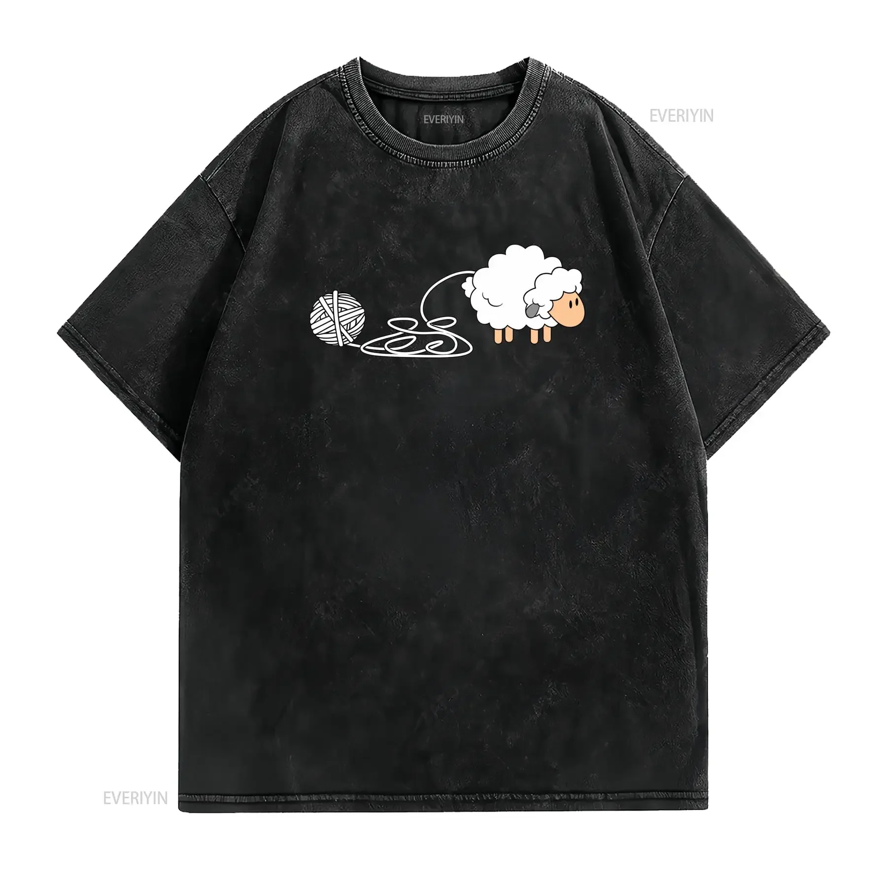 Cute Cartoon Funny Sheep Yarn Ball Print Casual T Shirt vintage Washed homme streetwear Versatile Stylish Comfortable fashion