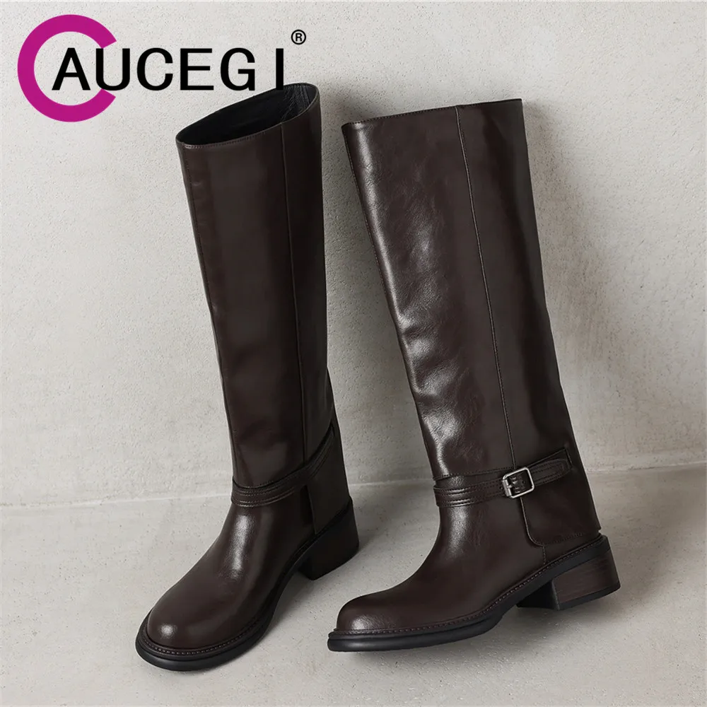 Aucegi Genuine Leather Round Toe Knight Knee High Boots Thick Heels Classics Slip On Autumn Winter Dress Party Casual Shoes
