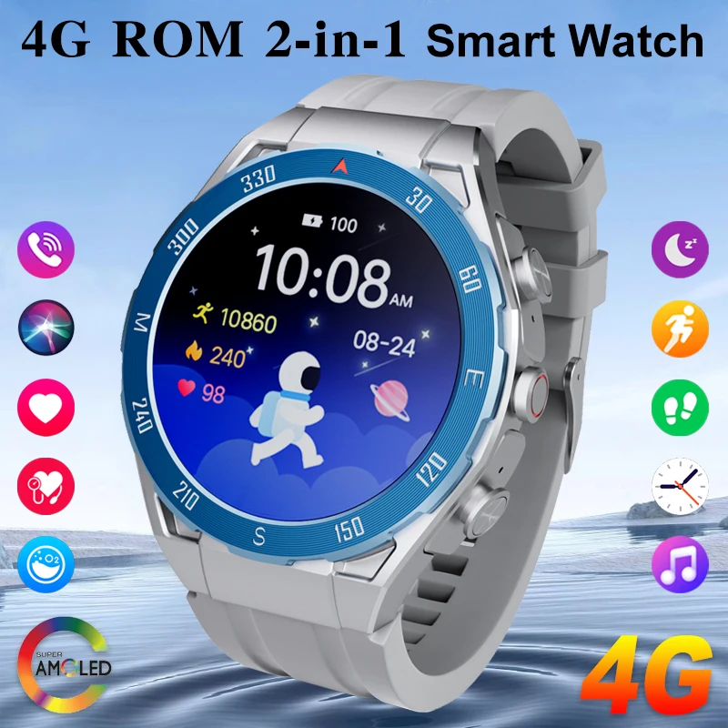 4GB Local Music Watch AMOLED Smart Watch Men 2 in 1 Headphones TWS Bluetooth Call GPS Tracker Smartwatch For Huawei Xiaom Phone