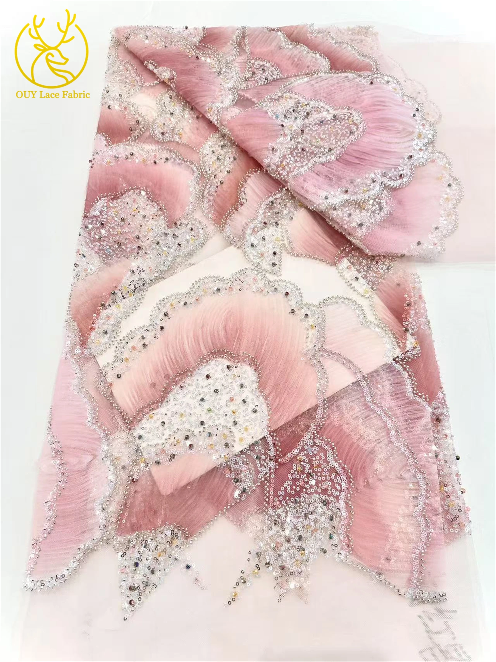 最新の高級スパンコール手作りビーズレース生地 2025 ファッションフレンチチュールメッシュレース生地女性のイブニングドレス素材