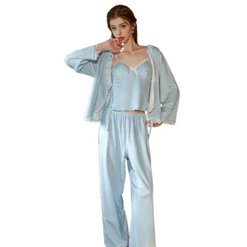 

Sexy Lingerie Velvet Solid Color 3 Piece Set Padded Camisole Top Long Pants Tie Robe Women Homewear Erotic Babydoll Slip Gown