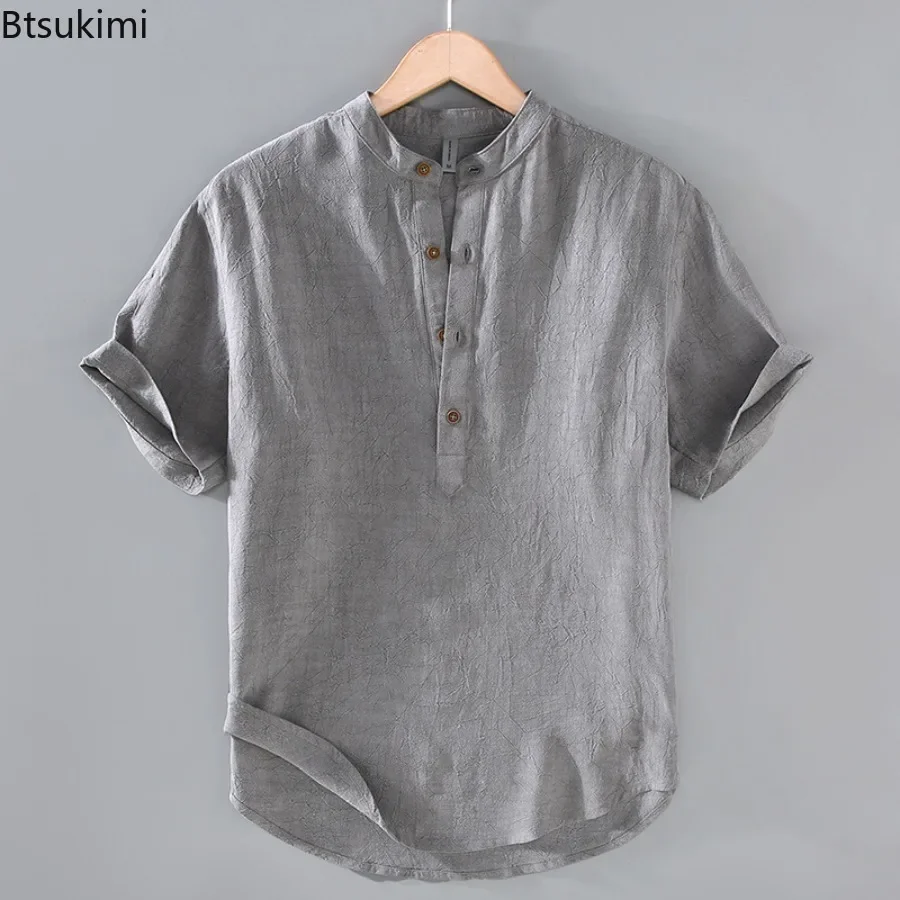 New Men's Short Sleeve Shirts Casual Stand Collar Button T Shirt Summer Pullover Henry Collar TShirts Breathable Men Clothing