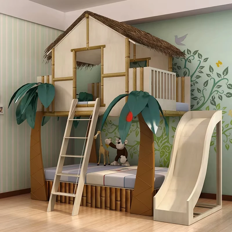 Children's room bed Solid wood boys and girls Children's bed Tree house bed Double slide