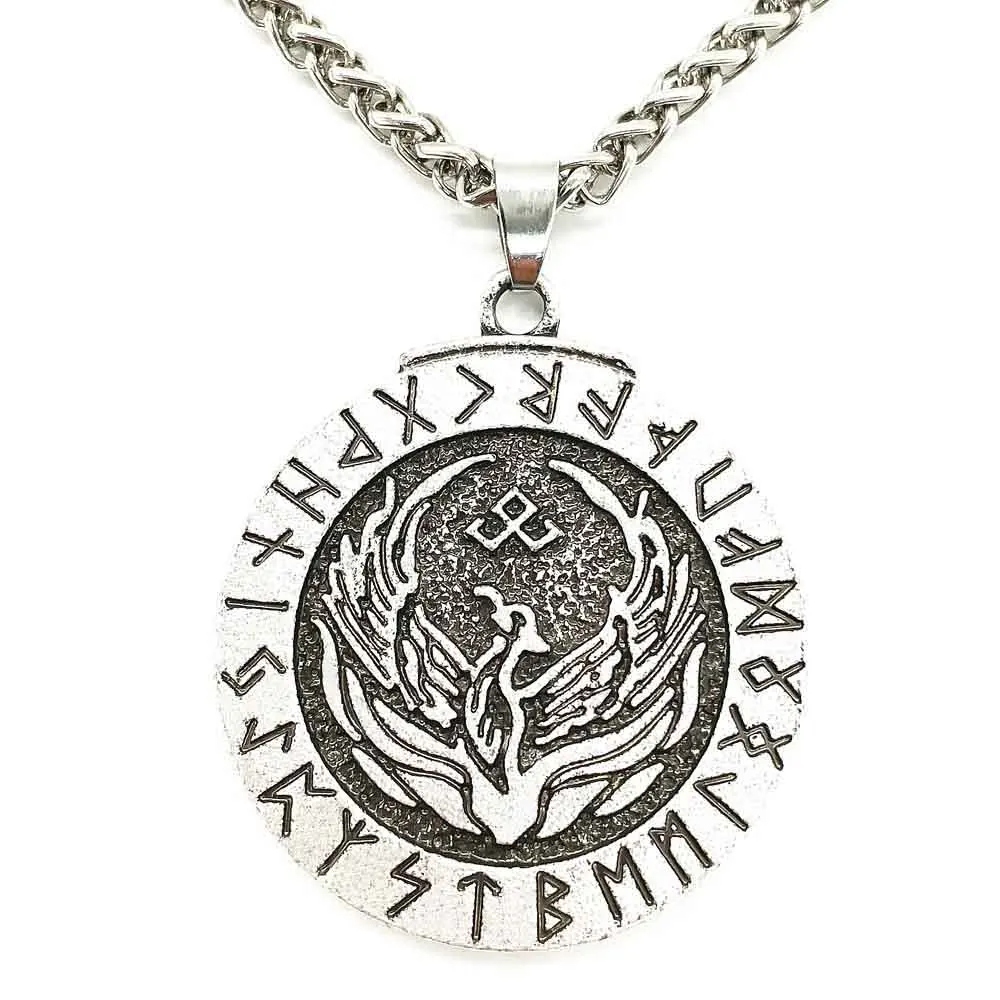 Nostalgia Phoenix Fire Bird Pendant Viking Runes Jewelry Woman Men Necklace Vintage