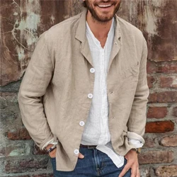 Men's Casual Loose Suit Jacket Fashion Solid Color Lapel Button Long Sleeve Linen Cardigan Coat Business Casual Commuter Coat