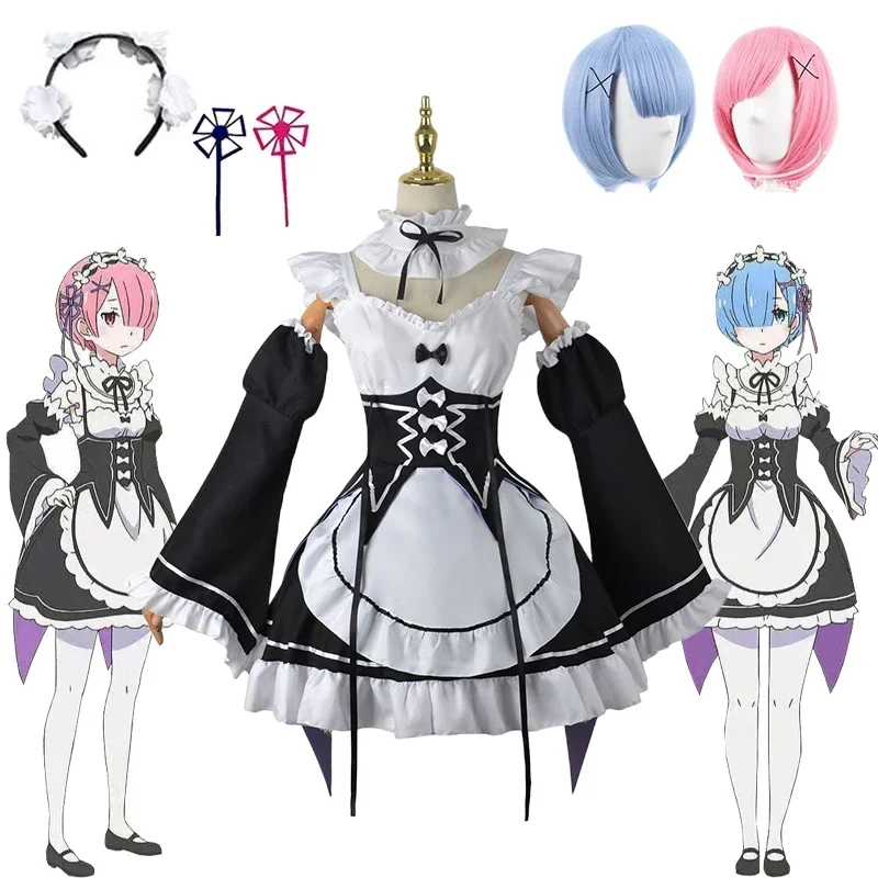 Anime Rem Ram Cosplay Costumes Re:zero Kara Hajimeru Isekai Seikatsu Kawaii Maid Servant Dress Wig Socks Halloween Costume