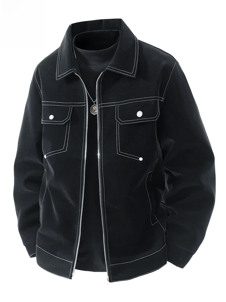 

Rn Men's Leather Jaet Casual ort Sle Turn-down Collar Workwear Spring Autumn Loose Fit Faion Urban Sle Coat