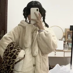 Orelhas de coelho Pelúcia Falso Casaco Cashmere Além de Veludo Acolchoado das Mulheres Zipper Outono Inverno Jaqueta 2023 Harajuku Kawaii Hoodies Macio