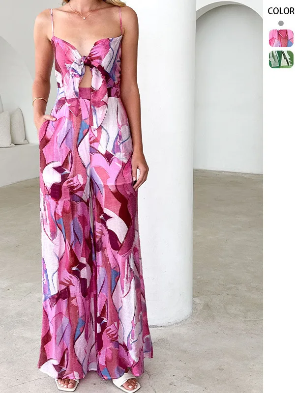 

Printed Deep V-Ne Tube Jumpsuit with Strap Straight Leg One-Piece Suit Summer 2025 Regular Thin Polyester Long Pants