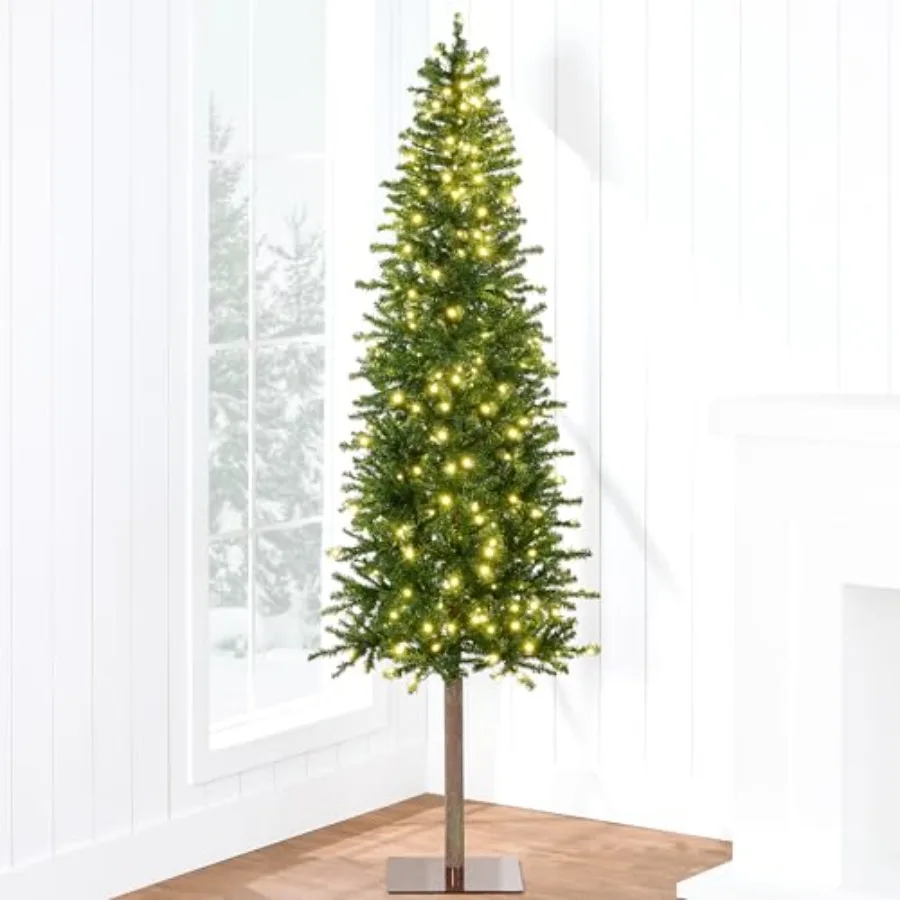 

Pencil Christmas Tree Pre-lit Alpine Slim Holiday Decoration, Lighted Skinny Décor LED Lights, Metal Stand