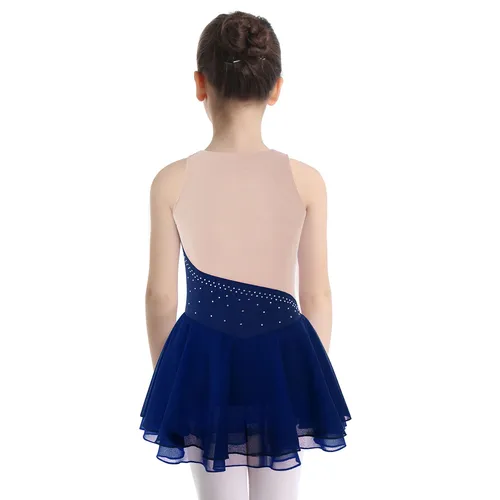 Imagen 2 del producto Vestido de patinaje artístico para gimnasia para niñas, sin mangas, con diamantes de imitación brillantes, tutú de malla transparente, traje de baile de Ballet de salón, ropa
