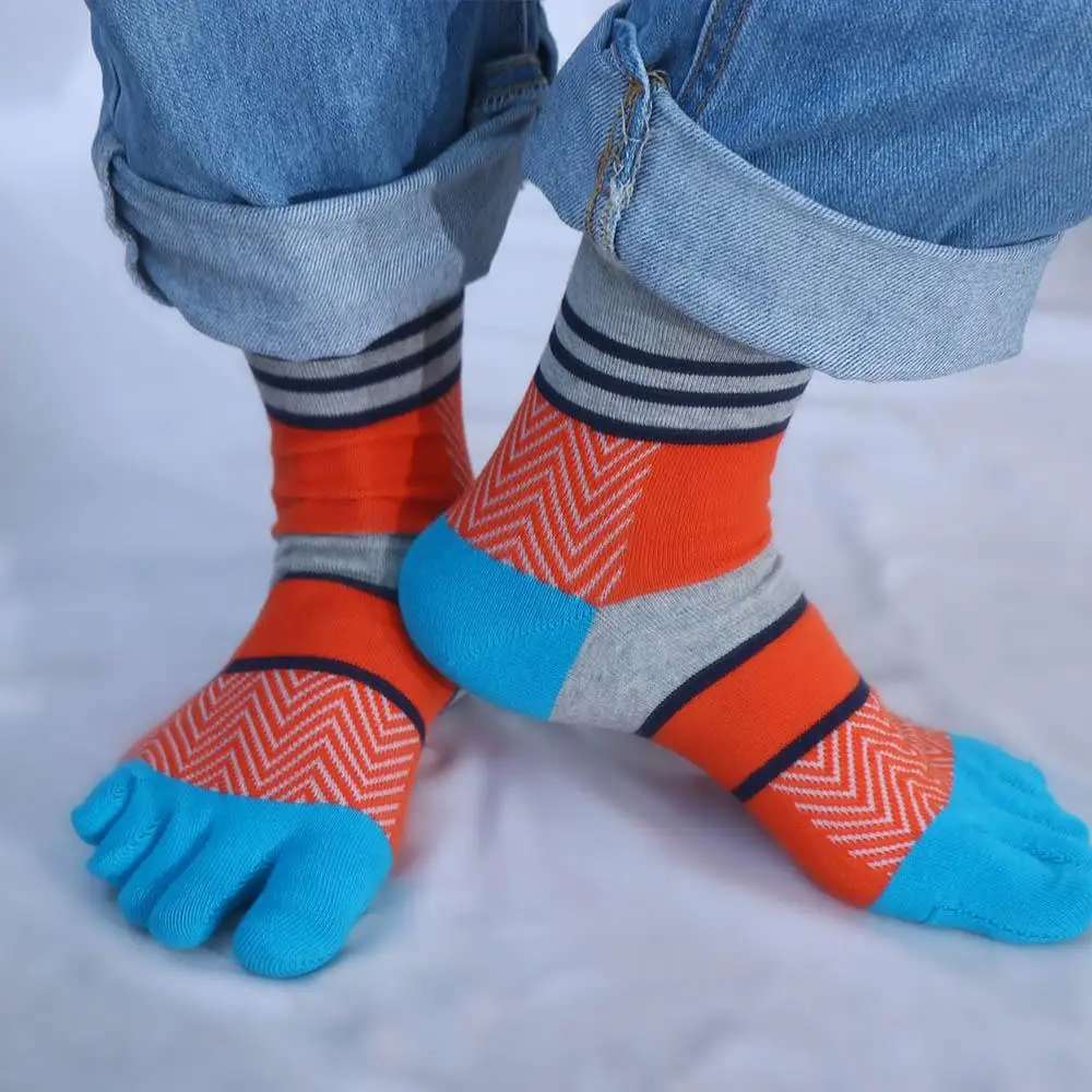 Breathable Soft Sport Thick Patchwork Color Split-toed Socks Middle Tube Hosiery Man Socks Cotton Five Finger Socks