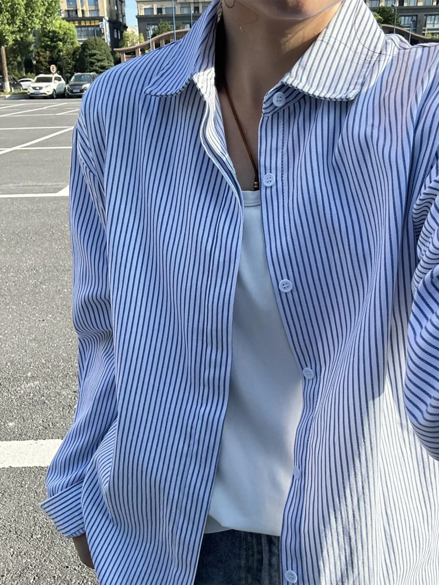 

Blue White Striped Men's Long Sleeve Shirt Autumn Casual Style Inner Wear Layering Cleanfit Jacket Youthful Sensation