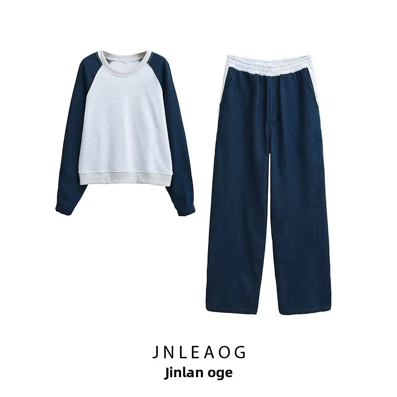 

JNLEAOG Autumn New Women's Faion Personali Design Patchwork Denim Sweatirt Set Loose Fit Long Sve round Ne Polyester