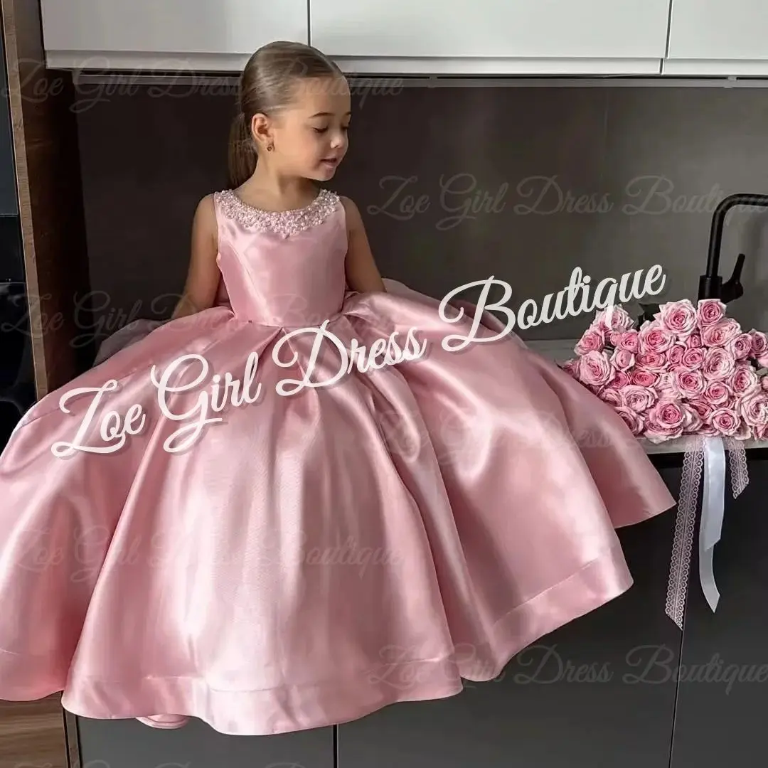 

Pink Beaded Flower Girl Dresses for Wedding Sleeveless Floor Length Baby Girl Birthday Dresses First Communion Gowns Customized
