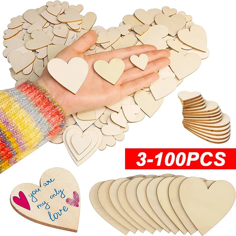 

3-100Pcs Unfinished Wooden Hearts Love Blank Wood Slices DIY Wooden Crafts for Christmas Painting Wedding Ornaments