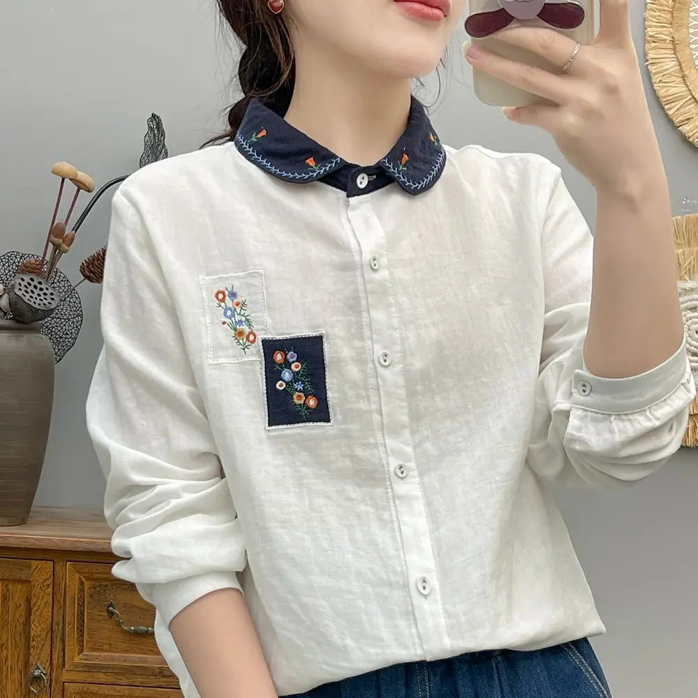 

Double Layer Cotton Yarn Baby Collar Embroidered Patchwork Plaid Shirt Spring New Vintage Versatile Top