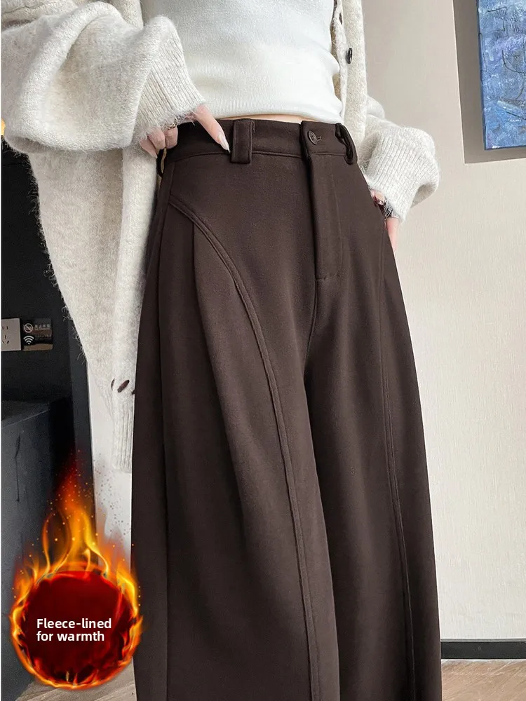 

Женские утепленные шерстяные брюки Moka Brown, зимние свободные брюки с широкими штанинами на флисовой подкладке, повседневные брюки прямого кроя с высокой талией