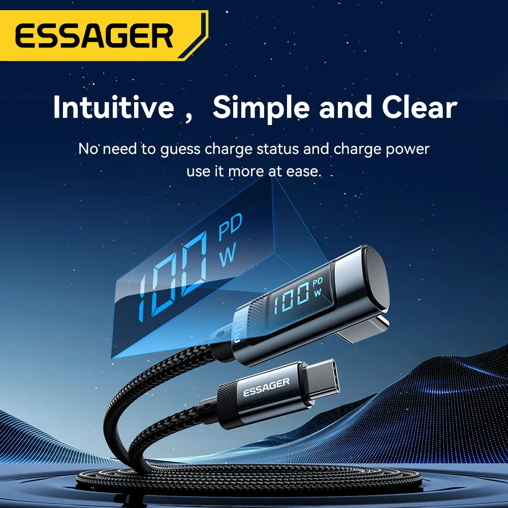 Essager PD100W USB Type C Cable 90 Degree 5A Fasting Charing For Macbook Xiaomi Samsung Huawei Laptops LED Digital Display Cable