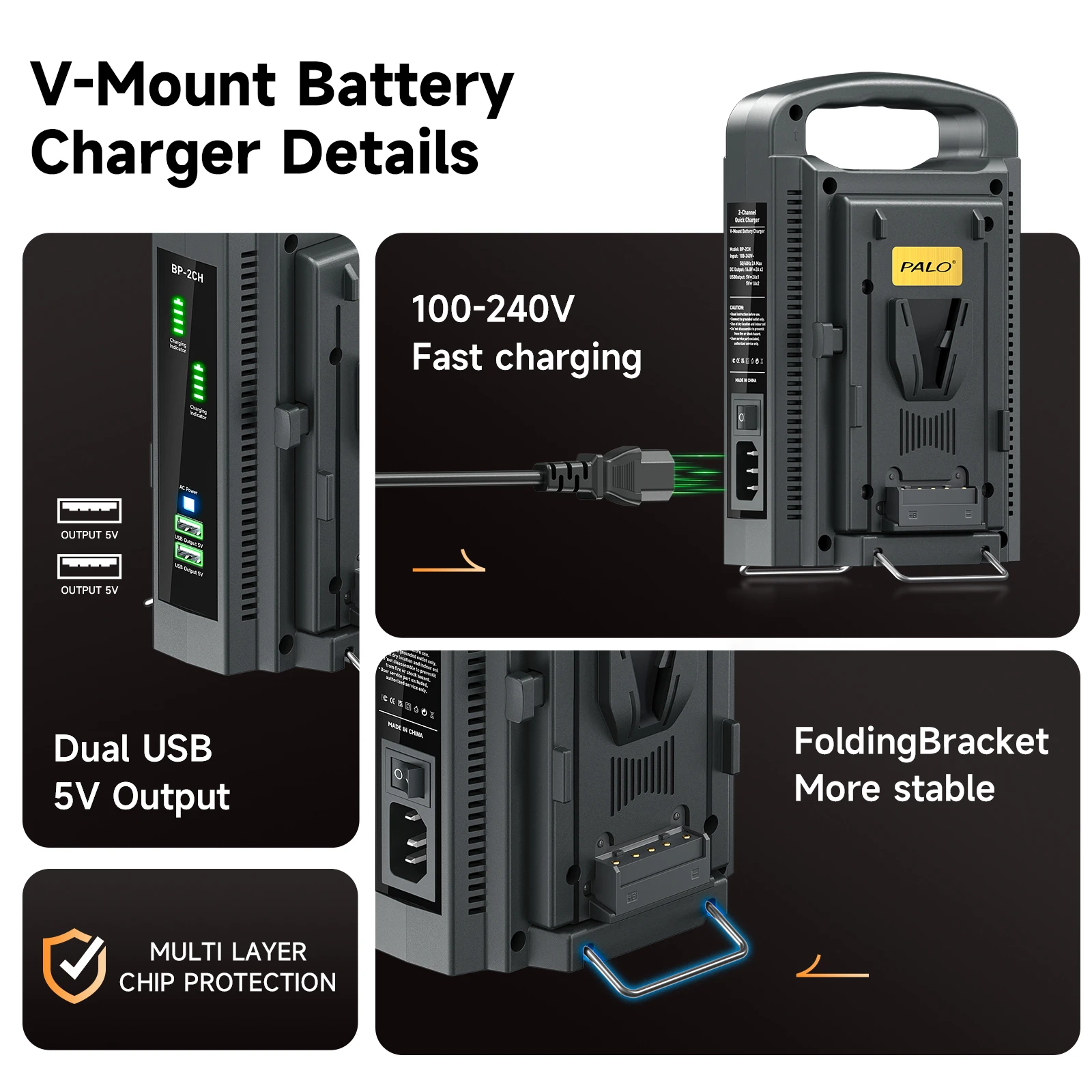 Batería de litio con montaje en V/v-lock de 14,8 V BP95W BP185W BP222W para baterías Micro de bolsillo USB tipo C para cámaras, teléfonos