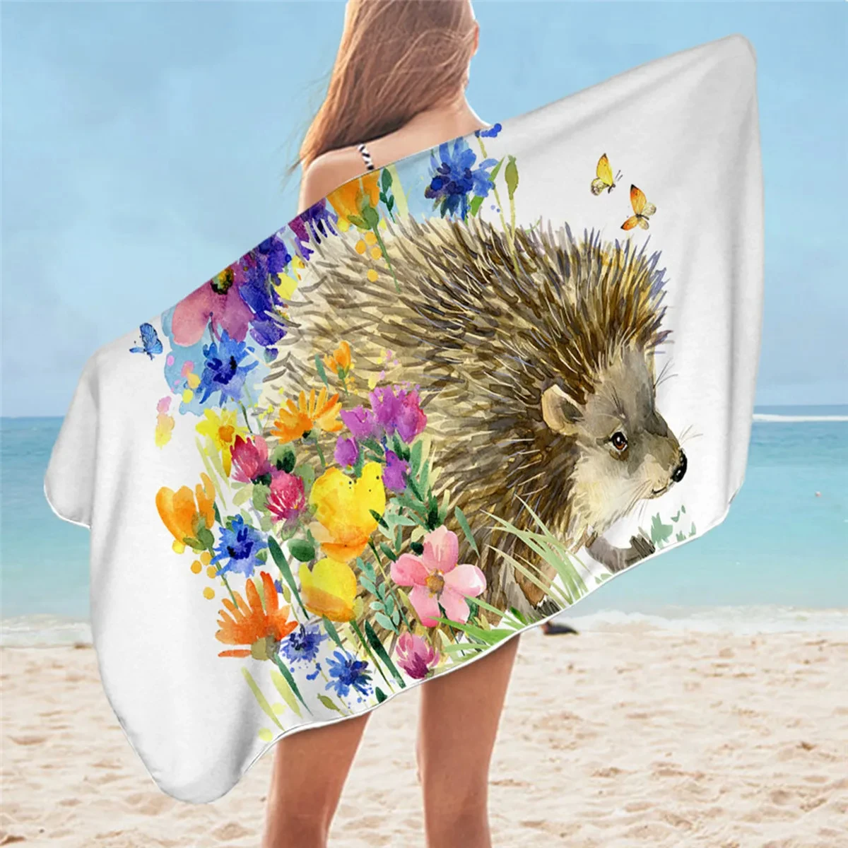 Cute Hedgehog Beach Towel Cartoon Animal Print Home Soft Warm Bath Towel Adult Kids Wrapped Bikini Covered Sunscreen Blanket