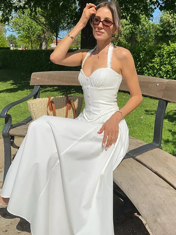 

Ruffles Trim Halter Midi Dress Women Summer Fashion A-Line Backless Sexy Slim Robes Elegant Evening Party Long Dress Gown 2025