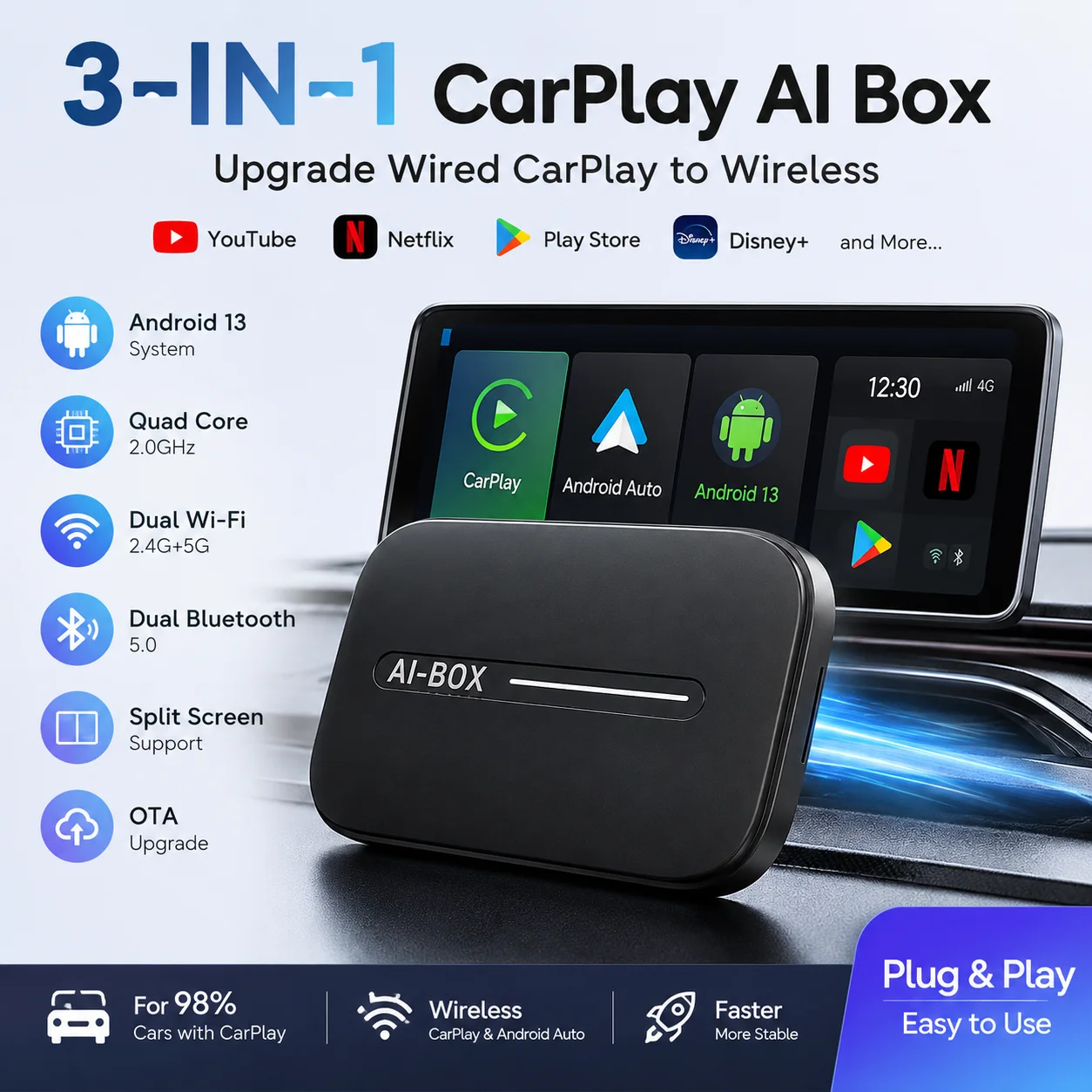 CarPlay AI Box Android 13, 3 in 1 Wireless CarPlay Android Auto Adapter, Quad Core 4+32GB Streaming Box with YouTube Netflix