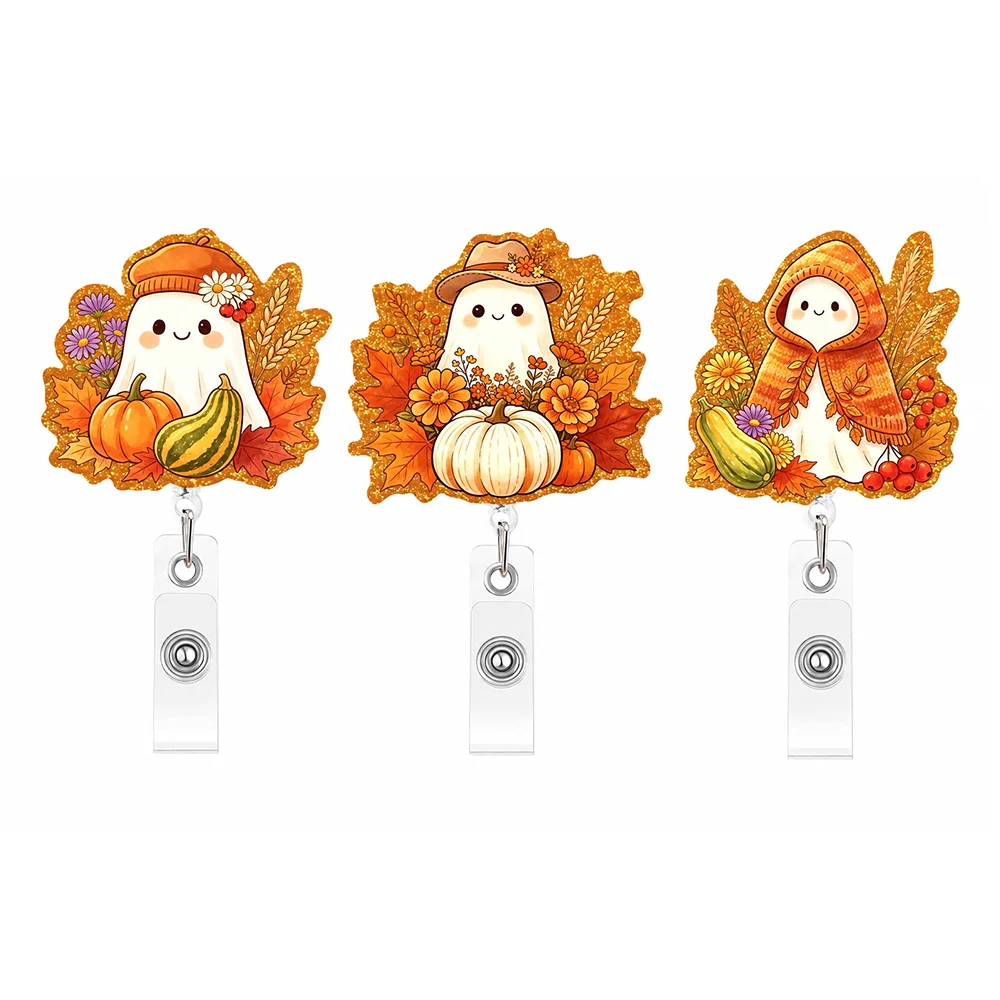 Retractable Badge Reel Thanksgiving Fall Theme Glitter Acrylic ID Badge Holder With Pumpkin Maple Leaf Ghost Badge Accessories