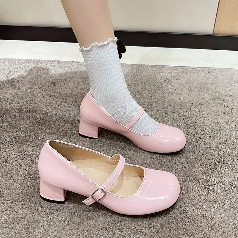 Patent Leather Thick Heel Pumps Women Shoes High Heels Mary Janes Shoes Buckle Round Toe Female Footwear White Red Pink