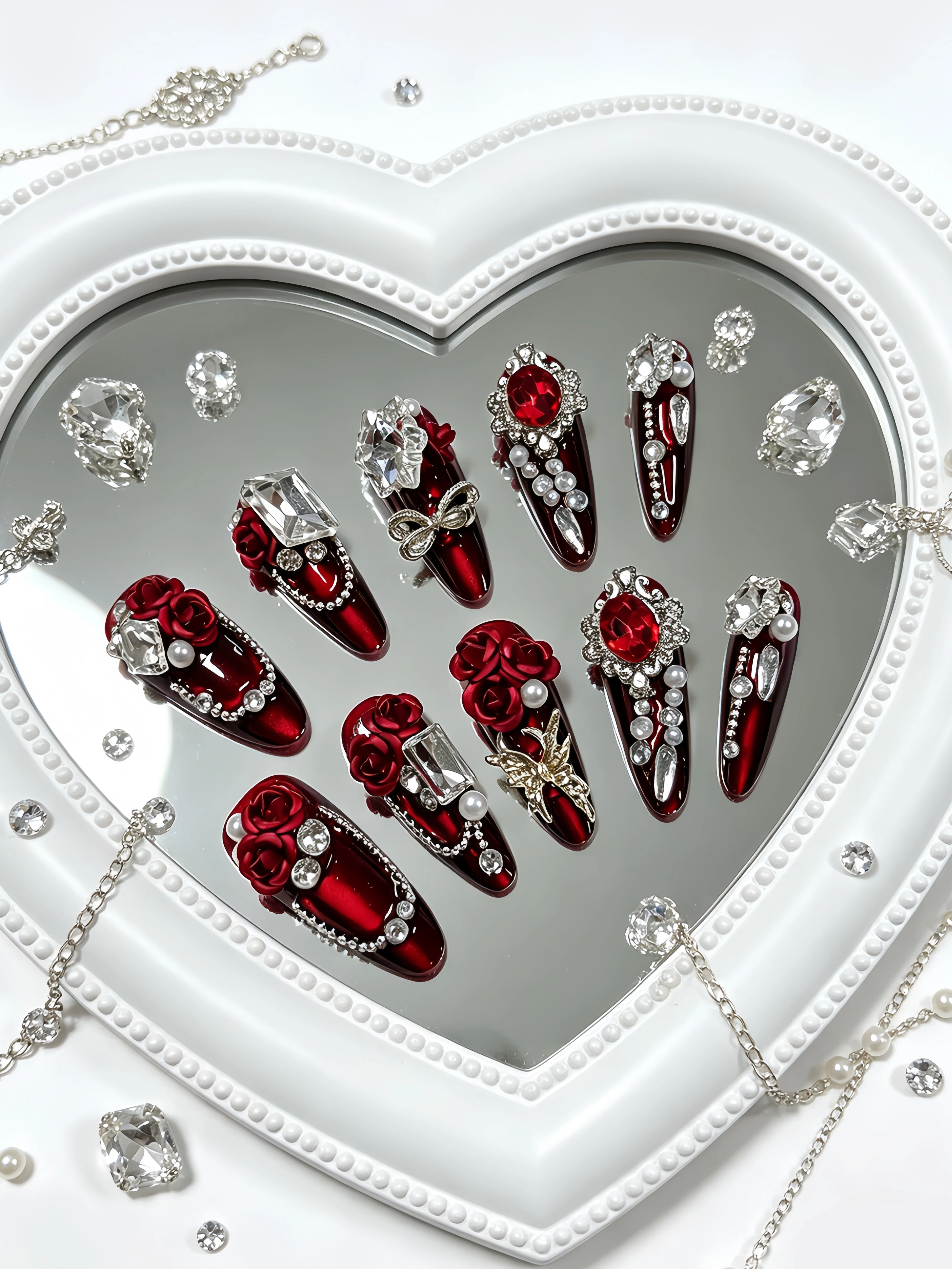 10 Long Teardrop-Shaped Press-On Nails, Burgundy Metallic Base with Rose Diamond Embellishments, Luxury Wedding Nail Style, Vintage Photo Shoot Style, Retro Palace Style, Wedding and Christmas Atmosphere Nail Art Pieces