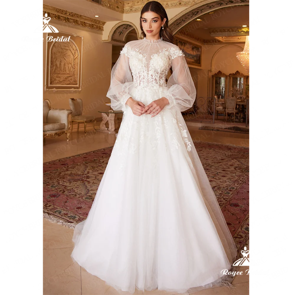 Roycebridal-Robe de mariée en dentelle à col rond, robe de mariée A Line, robe de mariée avec traîne courte, robe de mariée Gfully, 2025