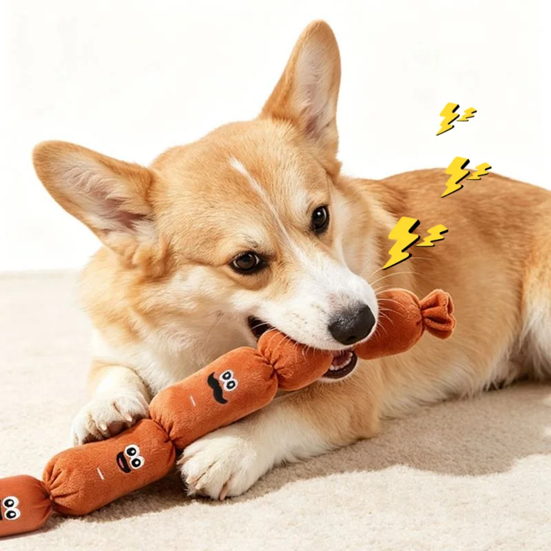 Durable Dog Plush Chew Toy Squeak Chewable Molar Simulated Sausage with BB Sound Teeth Cleaning Chew Toy for Puppies