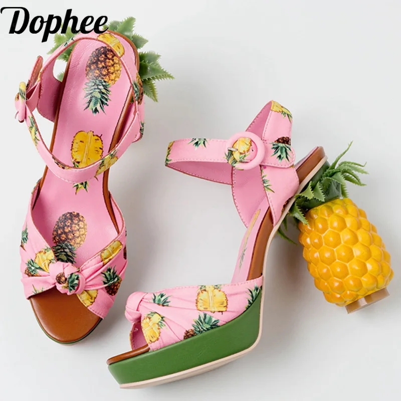 Original Cute Women Pineapple Shoes Personalized Printed Thick Sole Ultra High Heels Sandals Bohemia Irregular Heel Muller Shoes