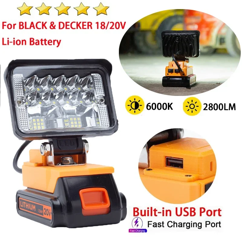 แบบพกพาไฟ LED ทํางานสําหรับ Black & Decker 20V Li-Ion แบตเตอรี่ 12W USB แบบพกพากลางแจ้งไร้สายเครื่องมือ