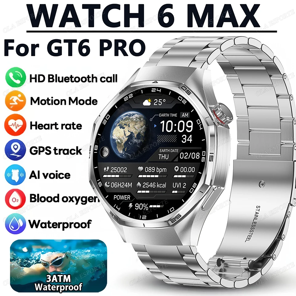 

GT6 Pro Smart Watch 6 Max 2025 GPS Workout Tracking Heart Rate Blood Pressure AMOLED Bluetooth Call Sport Waterproof Smartwatch