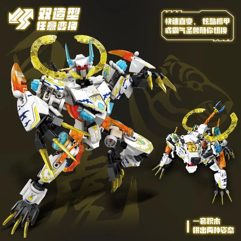 Transformable White Tiger Mecha Building Blocks Set Dual Switchable Forms MOC Robot Bricks Flexible Articulated Joints Desktop D
