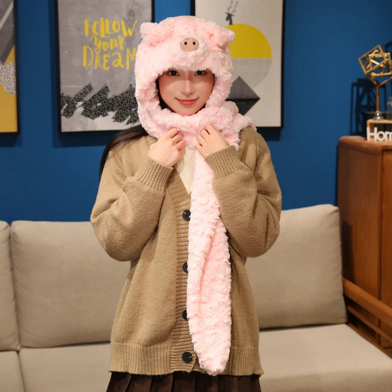 곰 돼지 스카프 모자 부드러운 플러시 귀여운 동물 핑크 돼지 브라운 베어 따뜻한 헤드웨어 모자 겨울 선물 소녀 소년 어린이 성인용