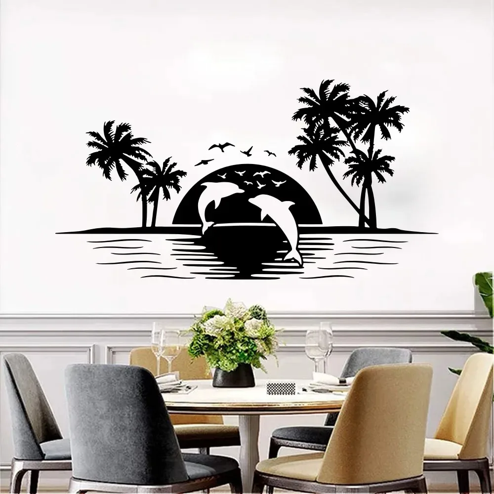 Large Camper Rv Skyline Dolphins Wall Sticker Motorhome Palm Tree Fish Ocean Sun Landscape Wall Decal Bedroom Vinyl Home Decor