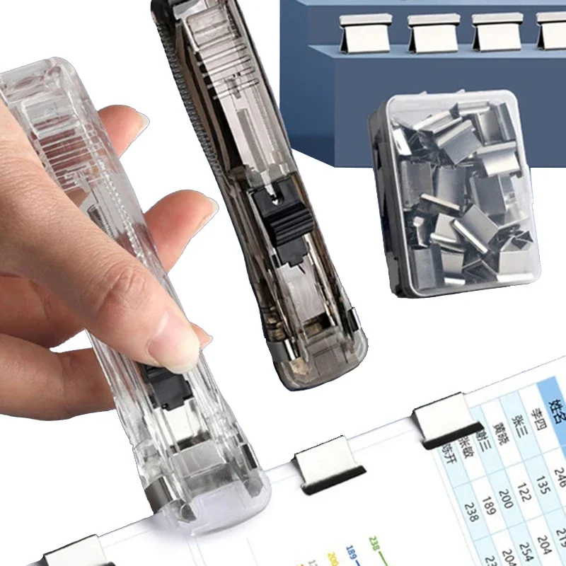 Staple Metal Clip Push Hand Paper Clipper with Refill Fixing Organizing Stapler Reusable Push Clamp for Document File Stationery